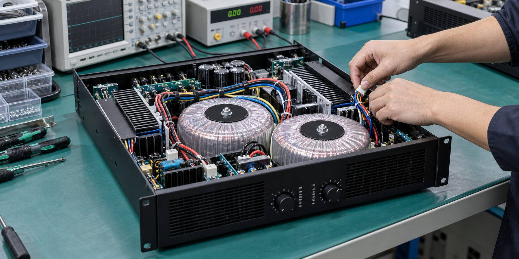 An amplifier undergoing bench assembly and measurement