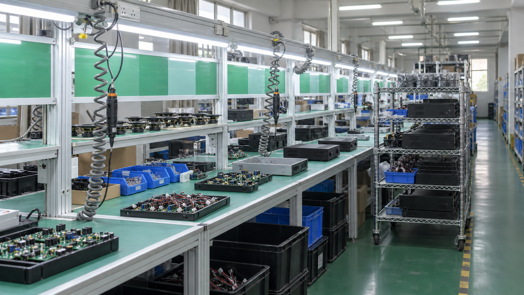 Illustration of an audio manufacturing workshop with assembly benches, circuit boards and equipment racks