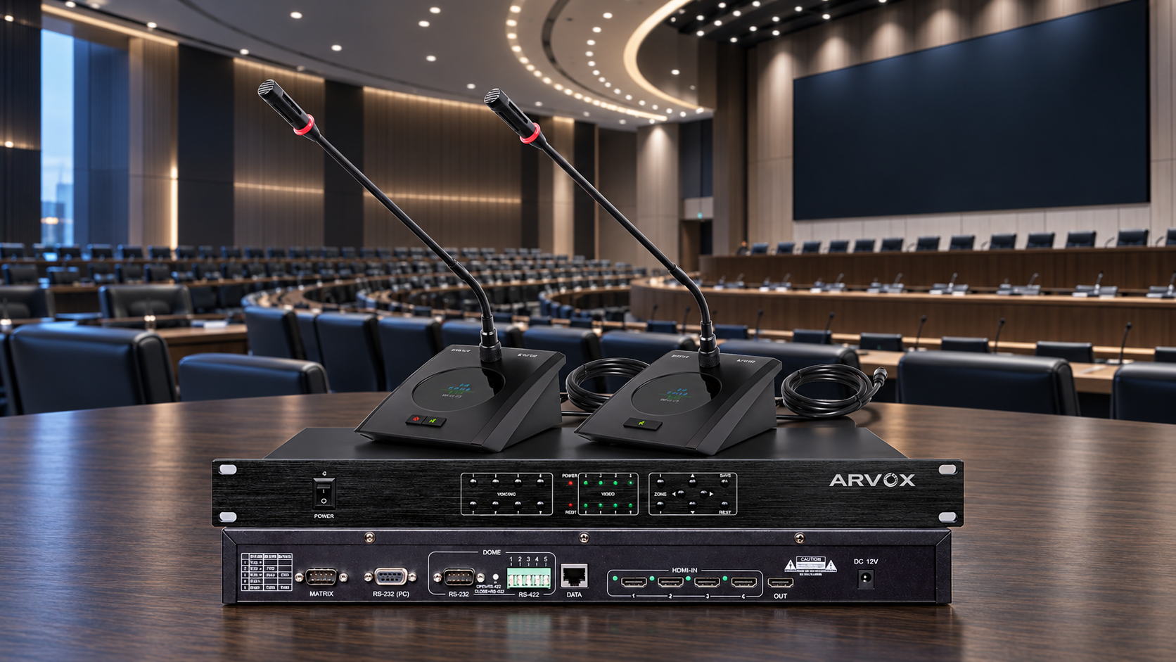 ARVOX conference system illustration with two gooseneck discussion microphones and controller front and rear views