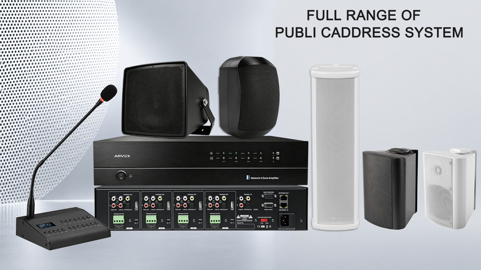 ARVOX public address product range with amplifier, paging microphone, wall speakers and column speaker