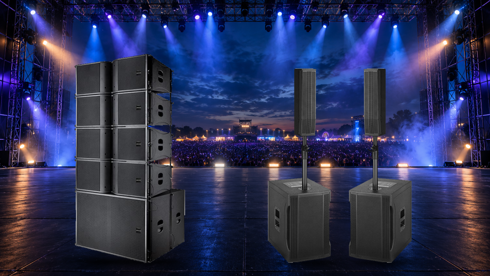 ARVOX product illustration showing a loudspeaker array and two column-speaker systems with subwoofers against a concert-stage background