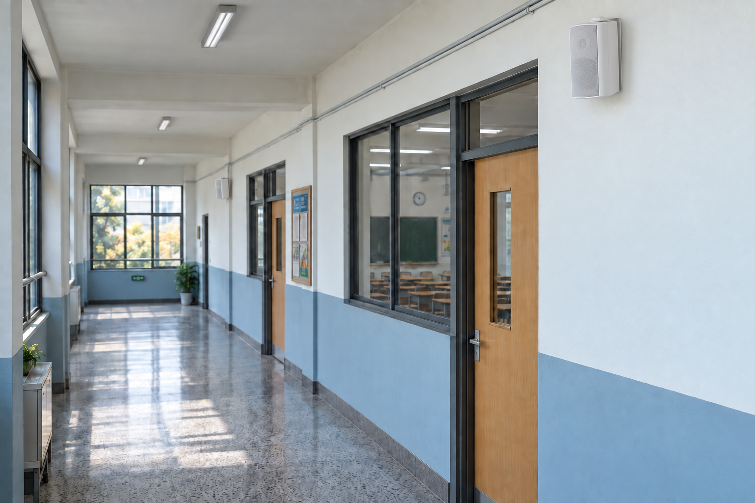 AI-generated school corridor with white wall-mounted speakers