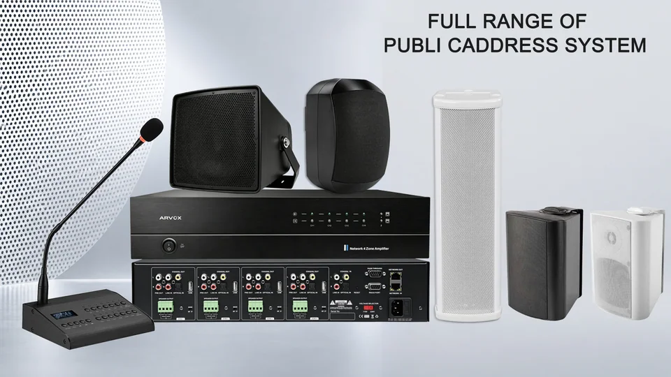 ARVOX public address product range with amplifier, paging microphone, wall speakers and column speaker